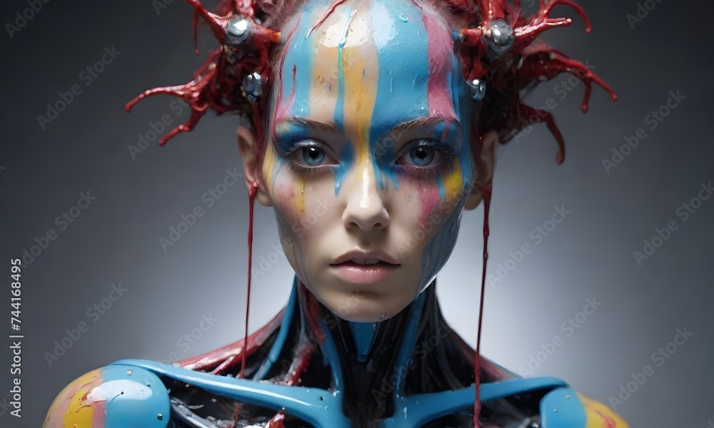 Poster a surreal android portrait features colorful horns and dripping paint, presenting a striking blend o