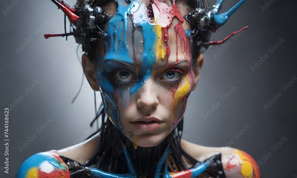 Poster a surreal android portrait features colorful horns and dripping paint, presenting a striking blend o