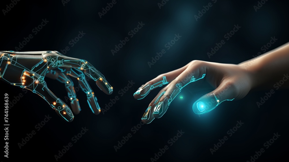 Poster hands of robot and human touching. virtual reality or artificial intelligence technology concept 3d 