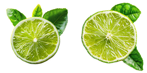 Fresh Lime Halves with Leaves Set Isolated on Transparent or White Background, PNG