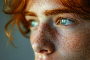 A person with freckles in a close-up portrait, focusing on natural beauty. - obrazy, fototapety, plakaty