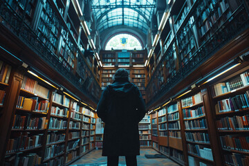 A tall person browsing books in a library, highlighting intellect and curiosity. - obrazy, fototapety, plakaty