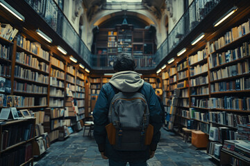 A tall person browsing books in a library, highlighting intellect and curiosity.