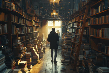 A tall person browsing books in a library, highlighting intellect and curiosity. - obrazy, fototapety, plakaty