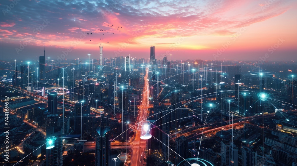 Poster smart city with connecting network and internet of things digital graphics over the skyline aig41