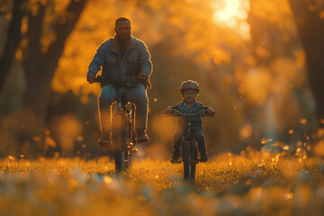 A military veteran in uniform teaching their child to ride a bike in a sunny park, a moment of joy and reconnection. - obrazy, fototapety, plakaty