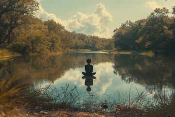 An individual meditating beside a tranquil lake, reflecting the calmness and acceptance within themselves. - obrazy, fototapety, plakaty