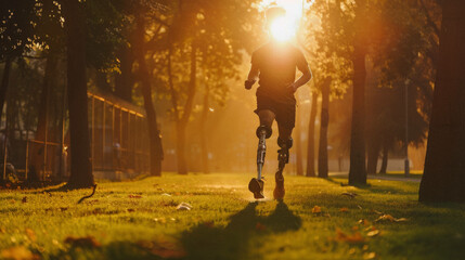 An individual with a prosthetic limb jogging in a park during sunrise, showcasing strength and determination.