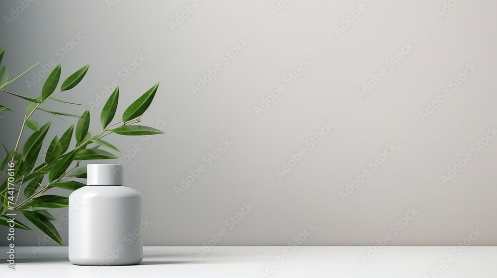 Poster minimal cosmetic background for product presentation. cosmetic bottle podium and green leaf on gray 