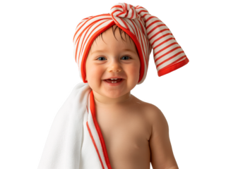 Bebê de toalha sorrindo após o banho, fundo transparente para uso em design, propaganda e marketing.