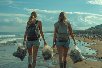 Young activists cleaning up a beach, their bags filled with collected waste, a testament to their commitment to the planet.