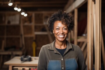 Portrait of a middle aged african american female carpenter - obrazy, fototapety, plakaty