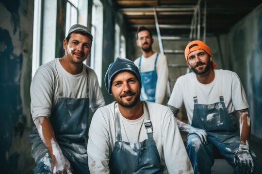 Group of male painters in overalls taking a break during house renovation