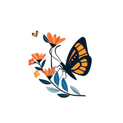 Fototapeta na wymiar A logo illustration of a butterfly gracefully fluttering among blooming flowers.