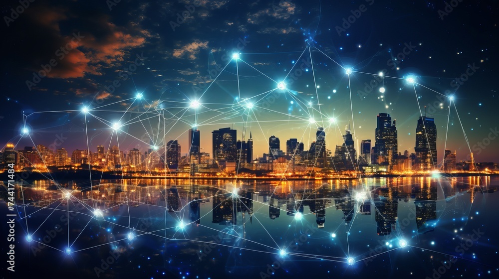 Poster modern city and communication network, smart city. internet of things. information communication net