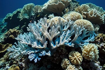 Fototapeta na wymiar Coral bleaching linked to elevated sea temps: Loss of symbiotic zooxanthellae threatens Pacific reef. Danger to Pacific reef from sea temp increase