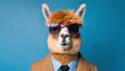Gartenposter a studio portrait of a funky hipster alpaca wearing a jacket sunglasses on a seamless blue colored solid colored background © Bryson