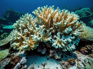 Naklejka na ściany i meble Coral bleaching linked to elevated sea temps: Loss of symbiotic zooxanthellae threatens Pacific reef. Pacific reef's vulnerability to rising sea temps