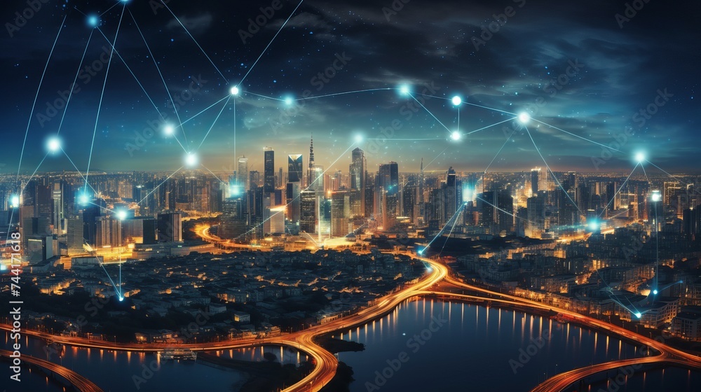 Aufkleber modern city with wireless network connection and city scape concept.wireless network and connection 