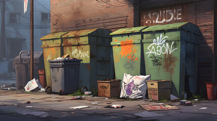 Colorful chaos surrounds a row of waste containers, as vibrant graffiti adorns their battered surfaces on a gritty city street - obrazy, fototapety, plakaty