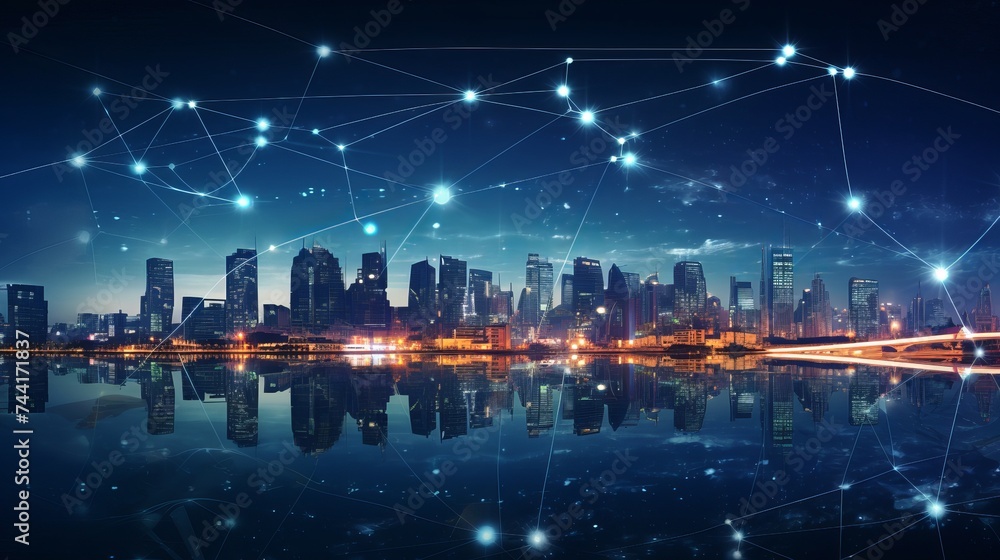 Poster modern city with wireless network connection and city scape concept.wireless network and connection 