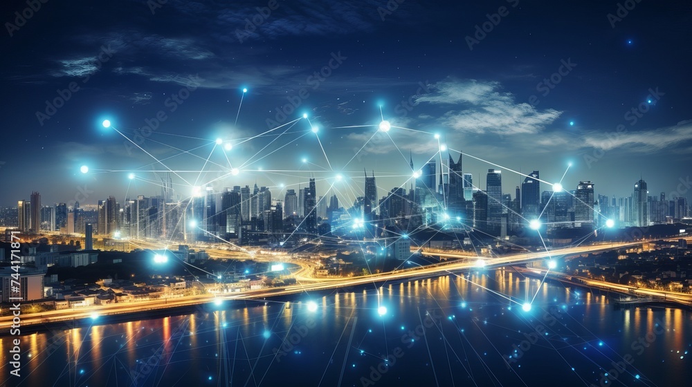 Poster modern city with wireless network connection and city scape concept.wireless network and connection 