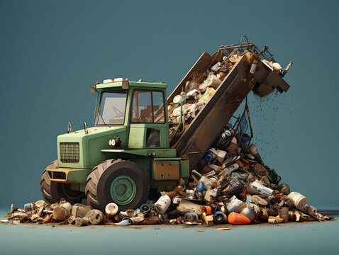 Amidst a polluted sky, a green tractor carries a heap of waste, symbolizing the destructive impact of human consumption and the urgent need for responsible disposal