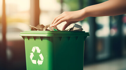 A person takes action against waste by reaching for the green recycle bin, symbolizing the importance of responsible waste containment - obrazy, fototapety, plakaty