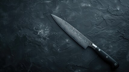 Damascus steel chef's knife on dark texture - obrazy, fototapety, plakaty