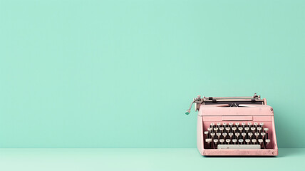 A vintage pink typewriter on a light green background