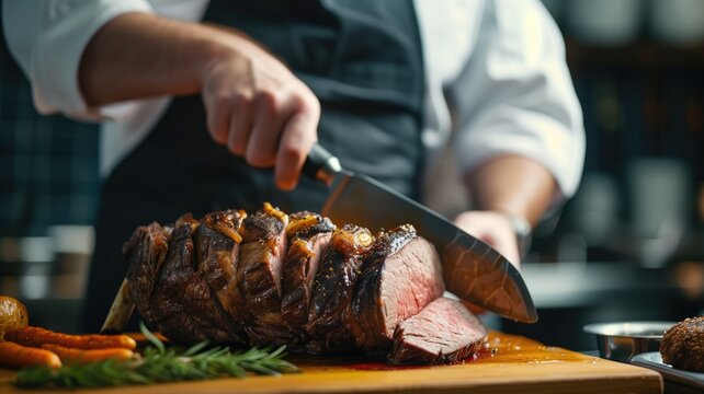 Chef slicing roast beef on a cutting board