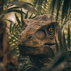Close-Up of a Dinosaur in a Lush Green Environment