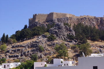 A close up view of the fortification of the acropolis of Lindos in the island of Rhodes, Greece