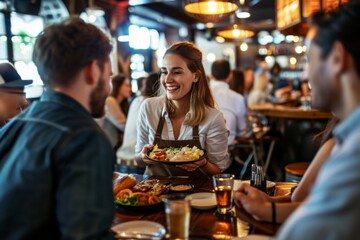 Group of friends having a meal in a pub or restaurant. Men and women sitting in a pub and eating. AI generated