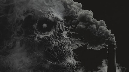 fumaça de uma grande chaminé de planta formando monstro tóxico, desenho de designer para impressão de camiseta, fundo preto