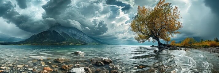 Dramatic storm clouds over tranquil lake and autumn tree - obrazy, fototapety, plakaty