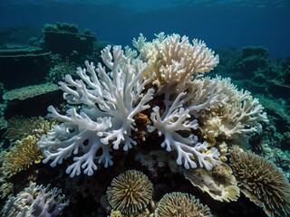 Naklejka na ściany i meble Coral bleaching linked to elevated sea temps: Loss of symbiotic zooxanthellae threatens Pacific reef. Loss of zooxanthellae endangers Pacific reef health