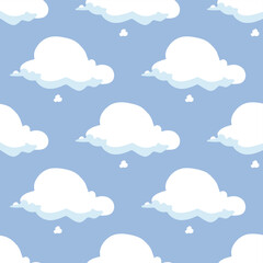 Seamless background with white clouds on blue sky. Overcast pattern. Vector illustration. Cartoon weather wallpaper.
