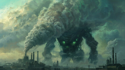 fumaça de uma grande chaminé de planta formando monstro tóxico - obrazy, fototapety, plakaty