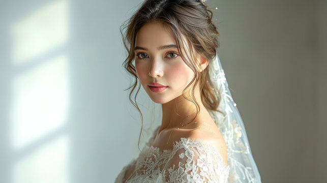 Beautiful young Asian bride in a white lace wedding gown. Tender woman. Concept of bridal beauty, elegance, feminine grace, and the start of a matrimonial journey.