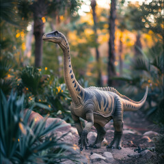 Prehistoric Dinosaur Amidst Lush Greenery in a Modern Landscape