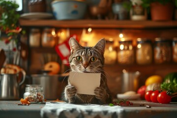 Cat holding a blank cardboard sign in a kitchen. Concept of pet care, adorable animals, domestic cats, cute advertising, and playful pets. Copy space