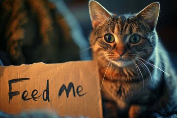 Adorable hungry cat with large, pleading eyes holding a "Feed Me" cardboard sign. Concept of pet care, animal feeding, funny cats, and humorous pet expressions.