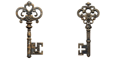 Antique Key Set Isolated on Transparent or White Background, PNG