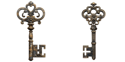 Antique Key Set Isolated on Transparent or White Background, PNG