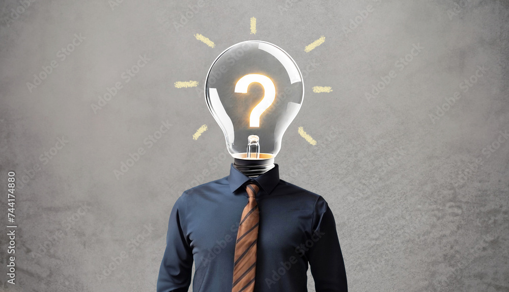 Poster creative idea or problem solving concept. light bulb and question mark instead of a businessman head