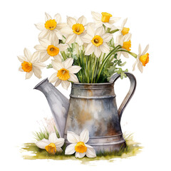 white daffodils in a metal watering can generative AI - 744174819