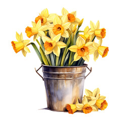 Lots of yellow narcissus (daffodils) flowers in a metal bucket Generative AI - 744174821