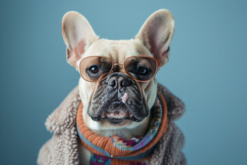French Bulldog wearing clothes and sunglasses on blue background