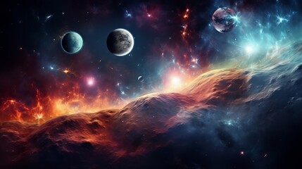 Planets over the nebulae in space.